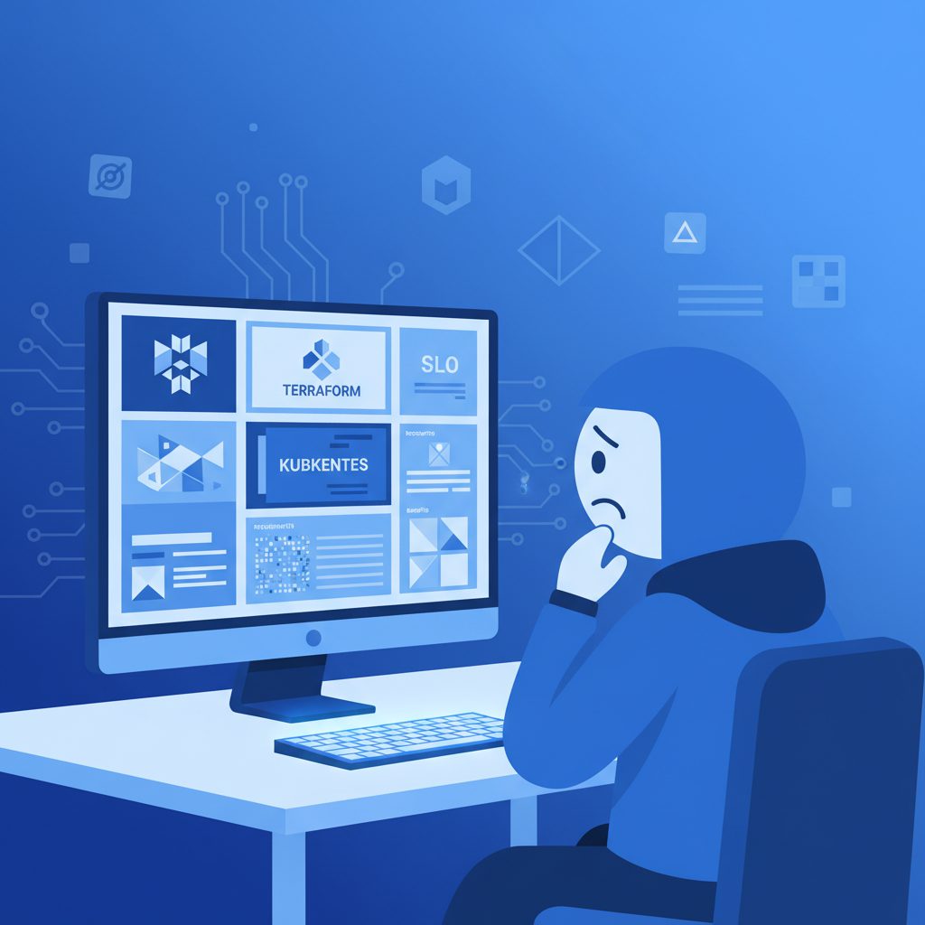 SRE求人票を画面で見ているエンジニア。モニターにTerraform・Kubernetes・SLOなどのキーワードが並ぶ求人票が表示されている。エンジニアは考え込んでいる表情。フラットデザイン、ブルー