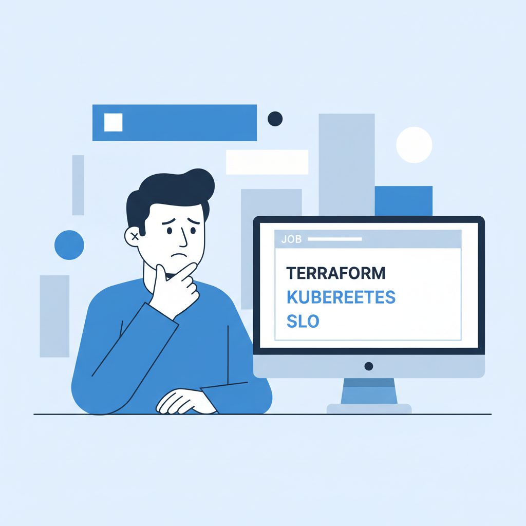 SRE求人票を画面で見ているエンジニア。モニターにTerraform・Kubernetes・SLOなどのキーワードが並ぶ求人票が表示されている。エンジニアは考え込んでいる表情。フラットデザイン、ブルー