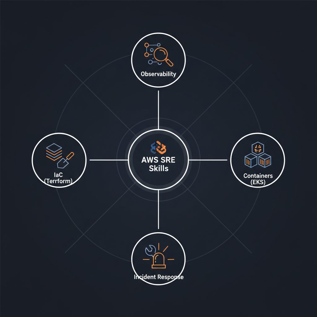 4つのスキルが中央から放射状に広がるスキルマップ図。中央に「AWS SREスキル」、4方向にオブザーバビリティ・IaC(Terraform)・コンテナ(EKS)・インシデント対応のアイコン。フラットデ
