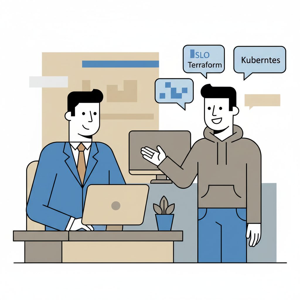 技術面接のシーン。左側に面接官、右側に答えるエンジニア。吹き出しにSLO・Terraform・Kubernetesのキーワード。自信ある表情のエンジニア。フラットデザイン、ウォームグレー×ブルー配色。
