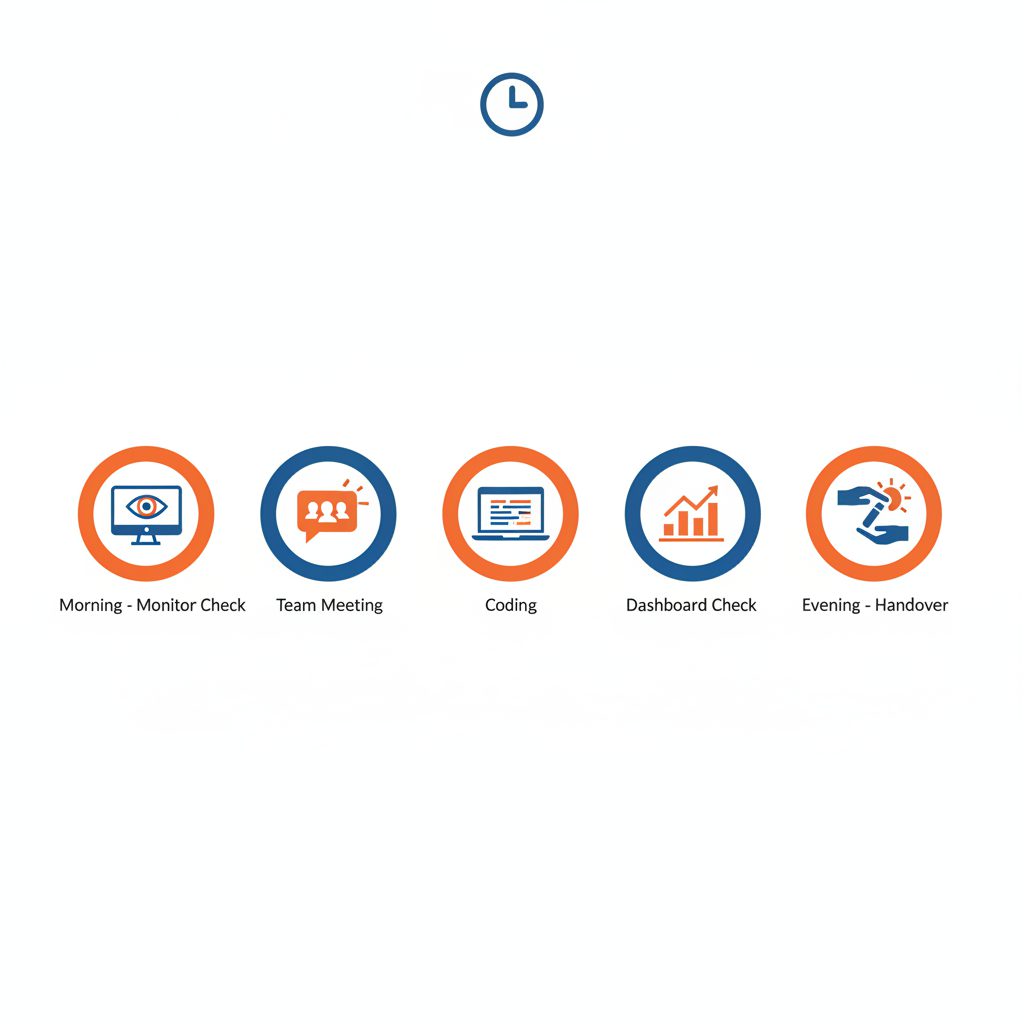 横長のタイムライン。左から「朝・モニター確認」「チームミーティング（吹き出し）」「コーディング（ラップトップ）」「ダッシュボード確認（グラフ）」「夕方・引き継ぎ（バトン）」の5シーンをアイコンで表現。