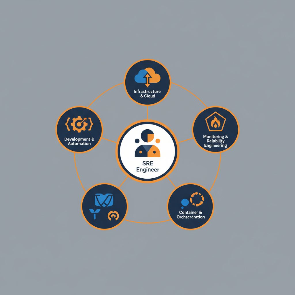 SREエンジニアを中心に4つのスキル領域（インフラ・クラウド、監視・信頼性設計、コンテナ・オーケストレーション、開発・自動化）のアイコンが円形に配置された全体像図。AWSロゴ・Kubernetesロゴ