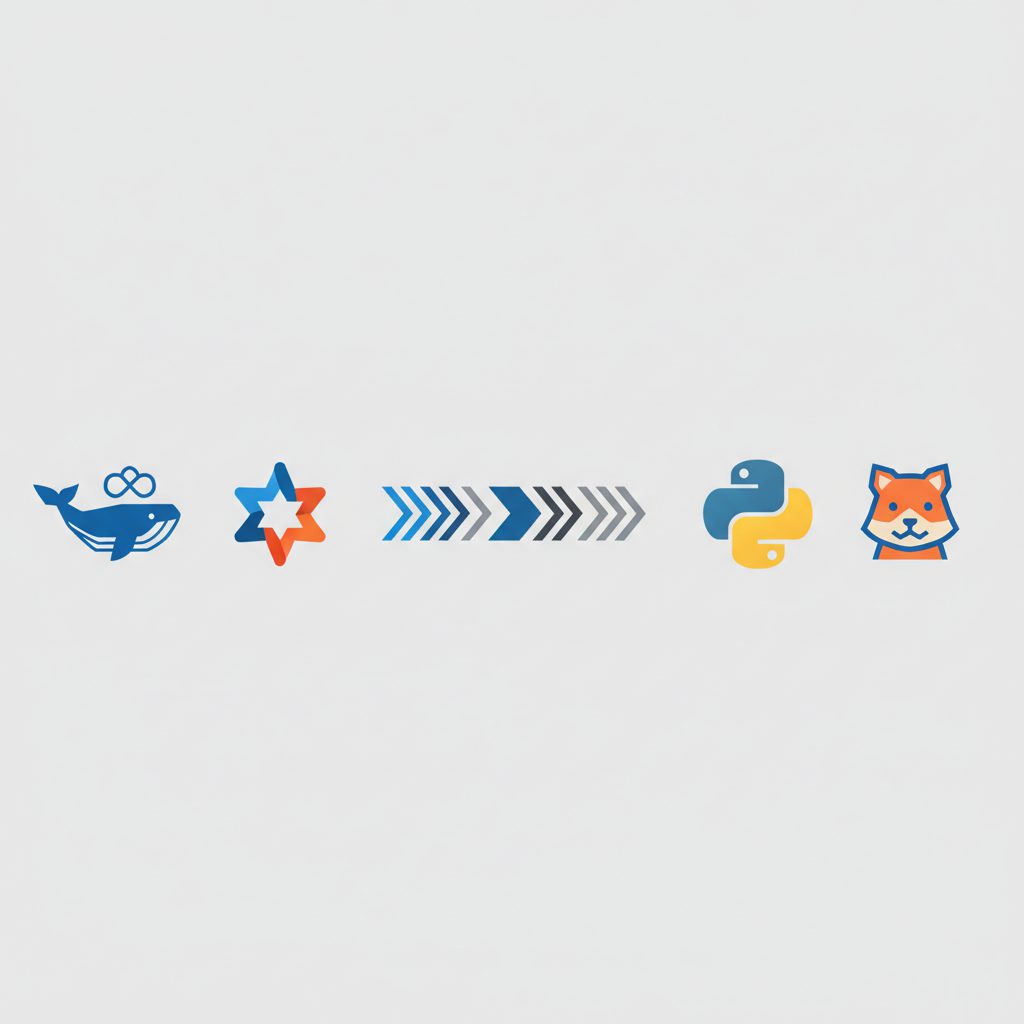 DockerクジラアイコンとKubernetesロゴが左側に、GitHub ActionsのCI/CDパイプライン矢印が中央を横断、PythonロゴとGolangロゴが右側に配置された横並び構成図。フ
