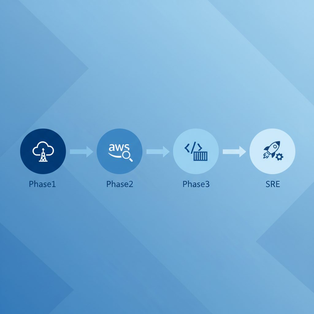 左から右への3段階学習ロードマップ図。丸いノード「Phase1・インフラ基礎」→「Phase2・AWS実践+監視」→「Phase3・IaC+コンテナ」→「SRE転職」が矢印でつながる。各ノードに関連ア