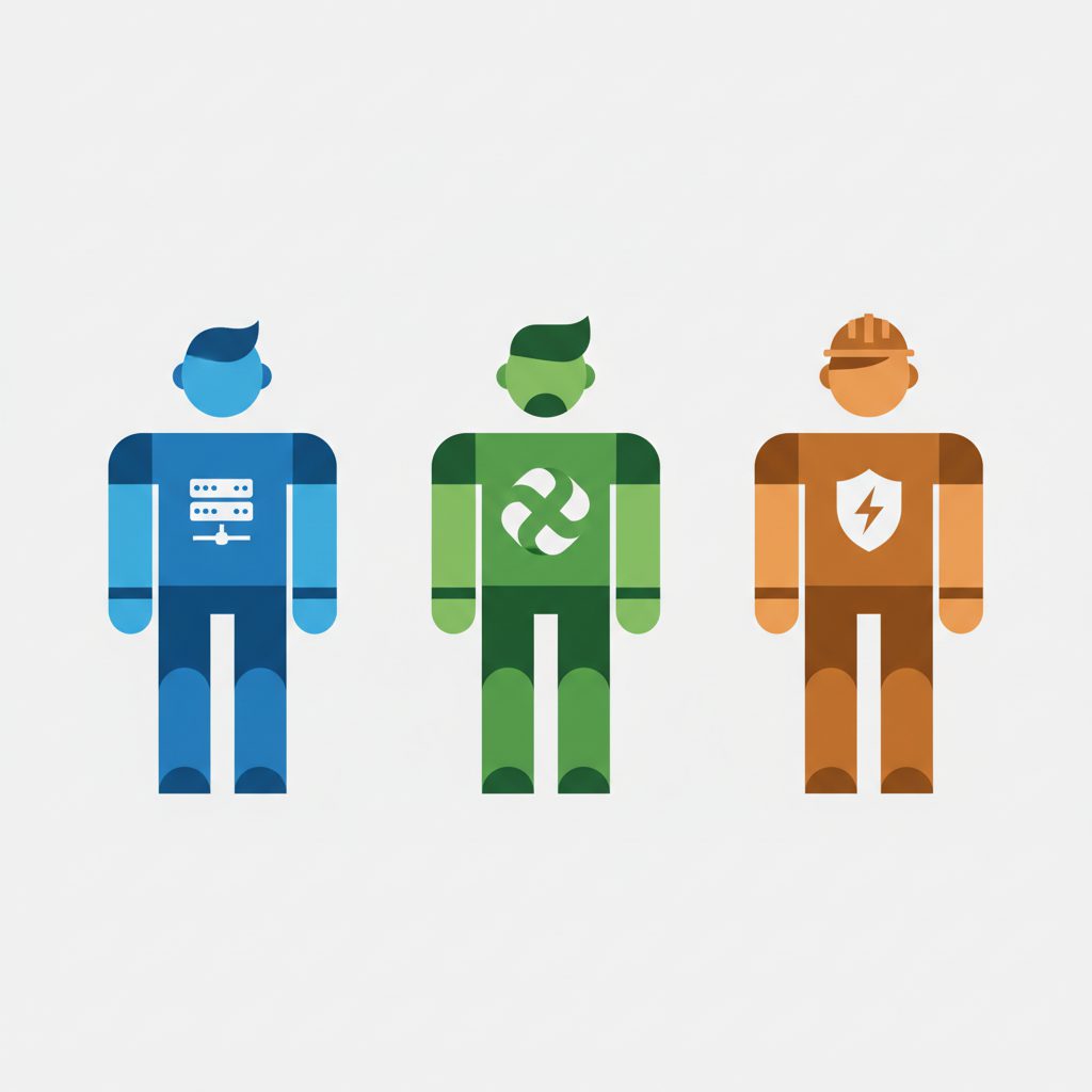 3人のエンジニアキャラクターが横並びに立っている。左からインフラエンジニア(サーバーラックのアイコン)、DevOps(無限ループの記号)、SRE(盾と稲妻のアイコン)。それぞれ異なる色で色分けされてい