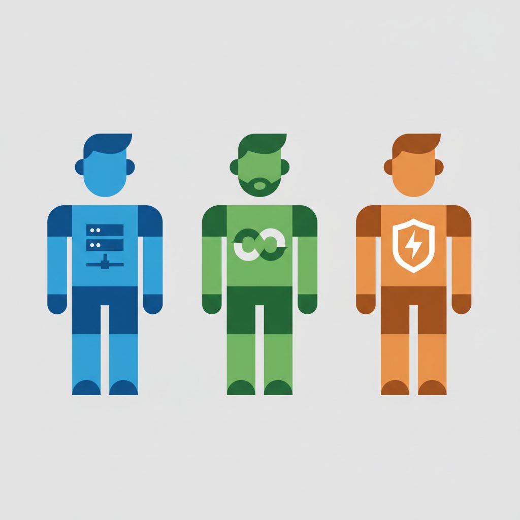 3人のエンジニアキャラクターが横並びに立っている。左からインフラエンジニア（サーバーラックのアイコン）、DevOps（無限ループの記号）、SRE（盾と稲妻のアイコン）。それぞれ異なる色で色分けされてい