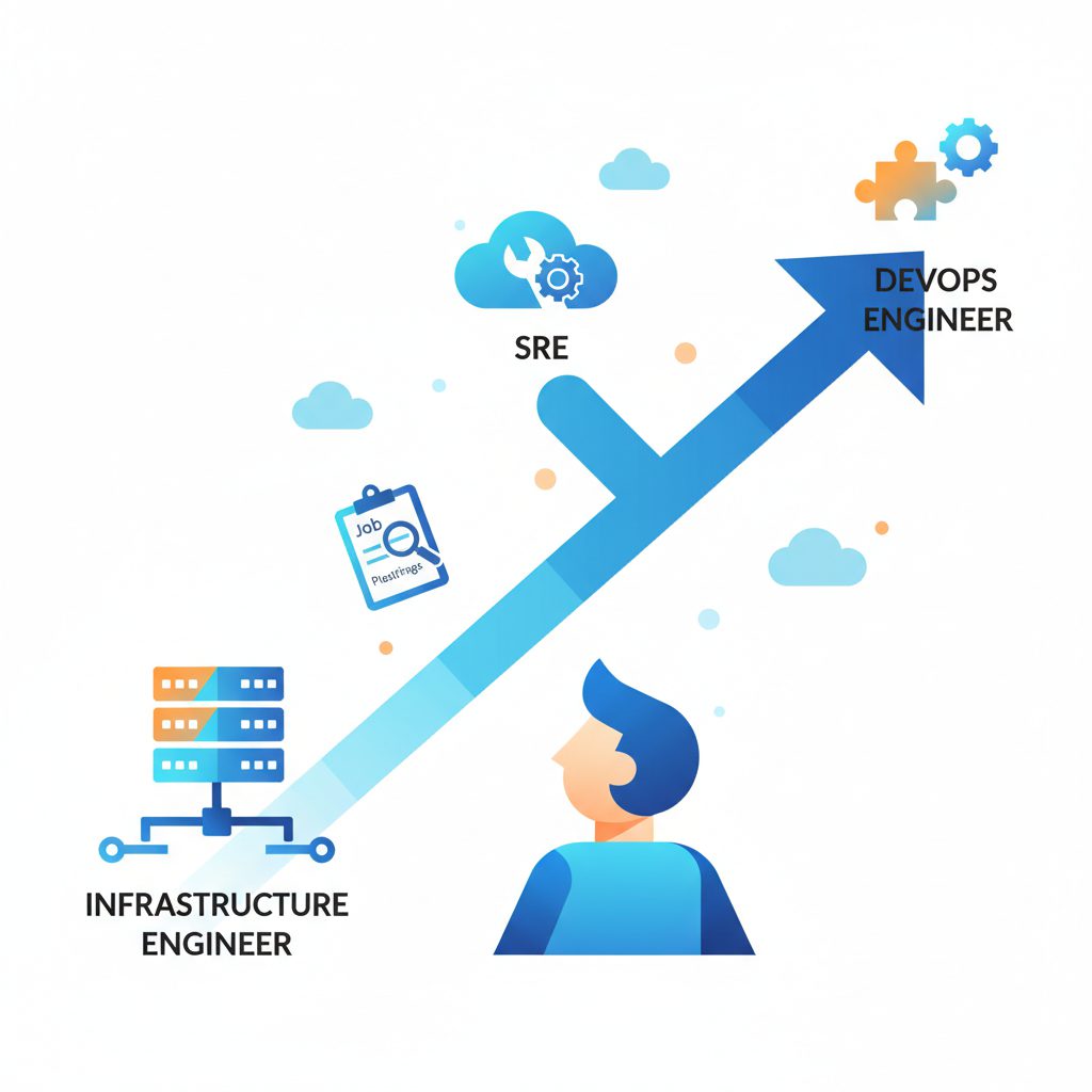 エンジニアがキャリアロードマップを見上げている構図。左にインフラエンジニアのアイコン、矢印が右上に伸びてSREとDevOpsエンジニアの分岐に繋がっている。求人票・クラウドのアイコンが周囲に浮かんでい