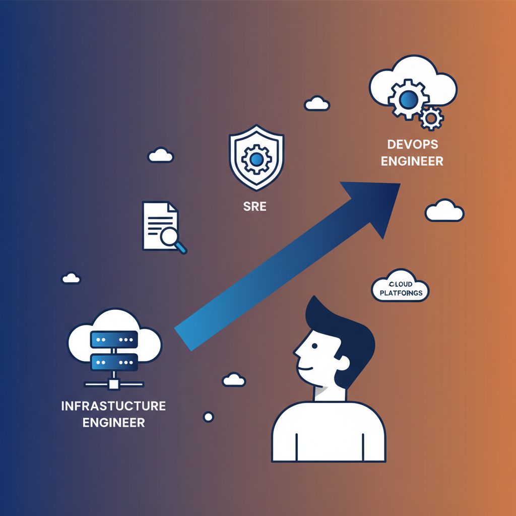 エンジニアがキャリアロードマップを見上げている構図。左にインフラエンジニアのアイコン、矢印が右上に伸びてSREとDevOpsエンジニアの分岐に繋がっている。求人票・クラウドのアイコンが周囲に浮かんでい