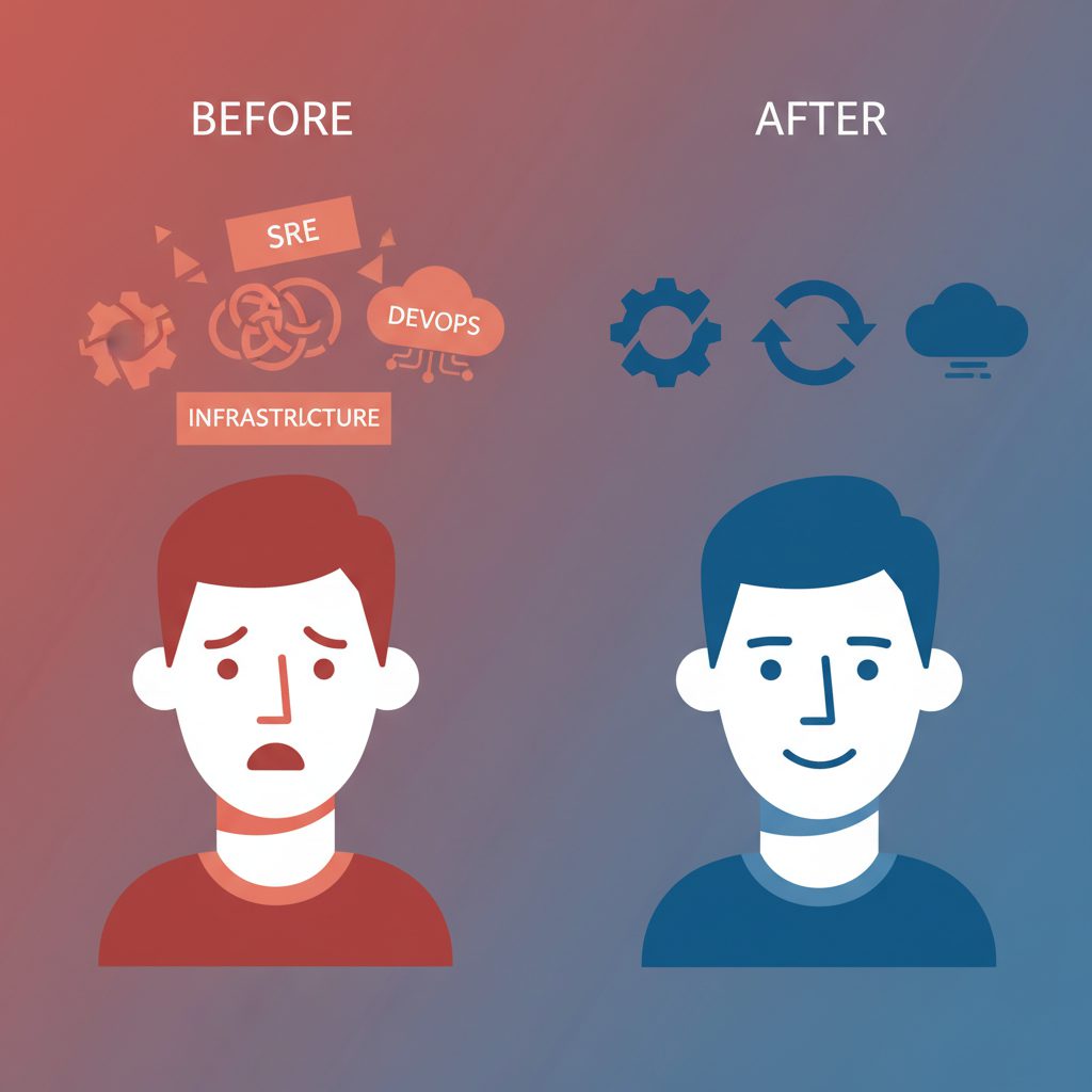 混乱した表情のエンジニアの頭上に「SRE」「DevOps」「インフラ」の3つのラベルが入り乱れて浮かんでいる。その横に整理された状態として3つのアイコンが綺麗に並んでいるBefore/After構図。