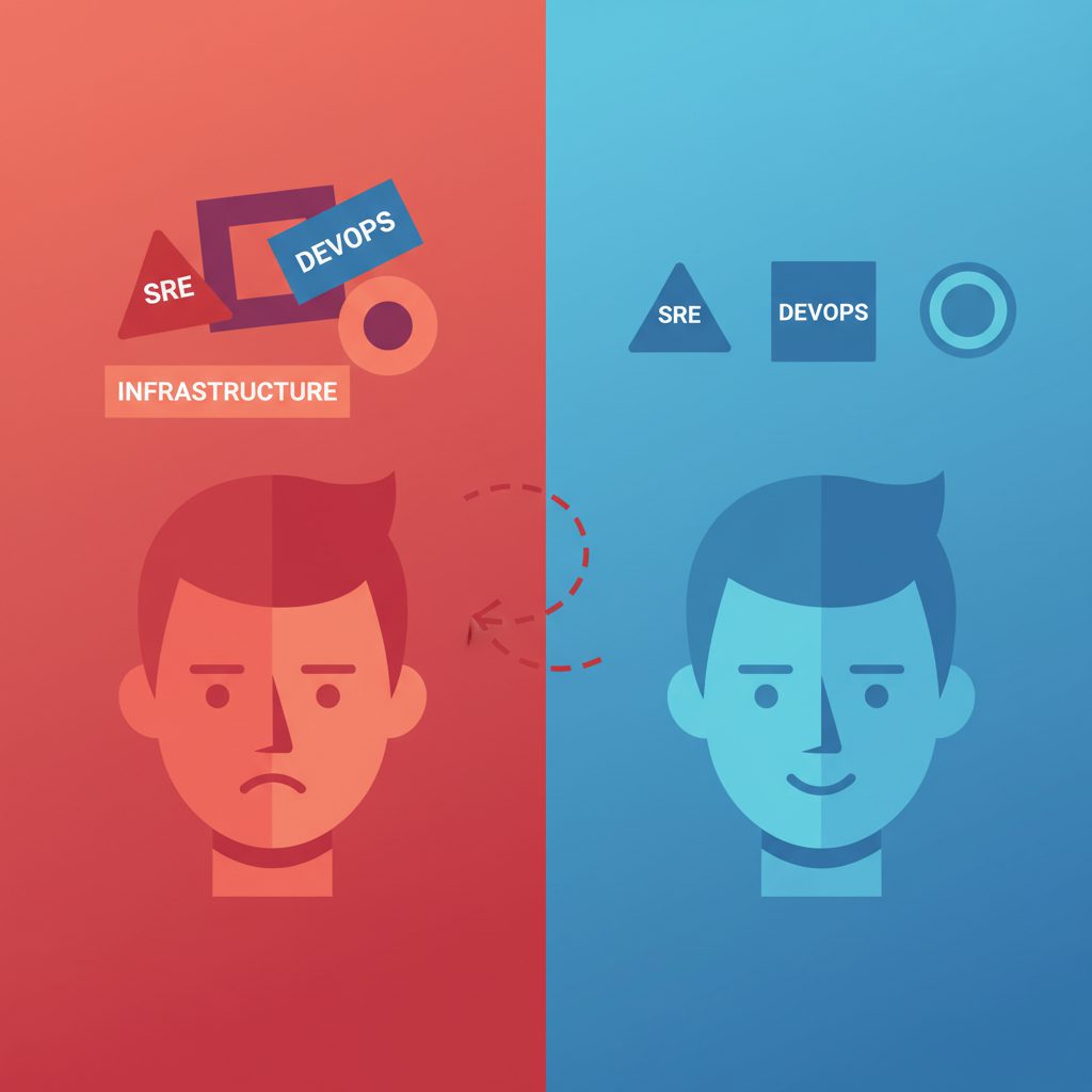 混乱した表情のエンジニアの頭上に「SRE」「DevOps」「インフラ」の3つのラベルが入り乱れて浮かんでいる。その横に整理された状態として3つのアイコンが綺麗に並んでいるBefore/After構図。