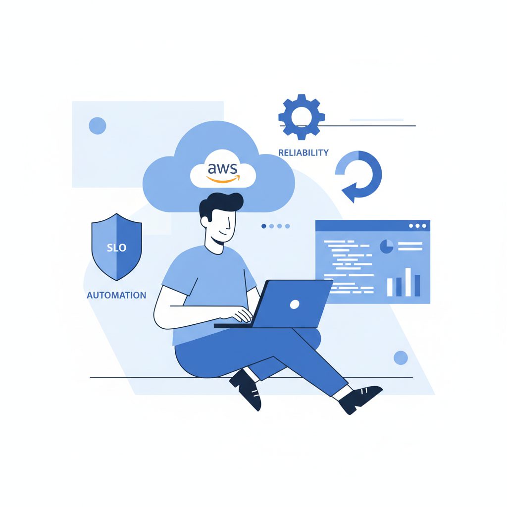 SREエンジニアのイメージ図。中央にラップトップでコードを書く人物、背景にAWSのクラウドアイコンとモニタリングダッシュボード。SLO・自動化・信頼性のキーワードが浮かぶ。フラットデザイン、ブルー系配
