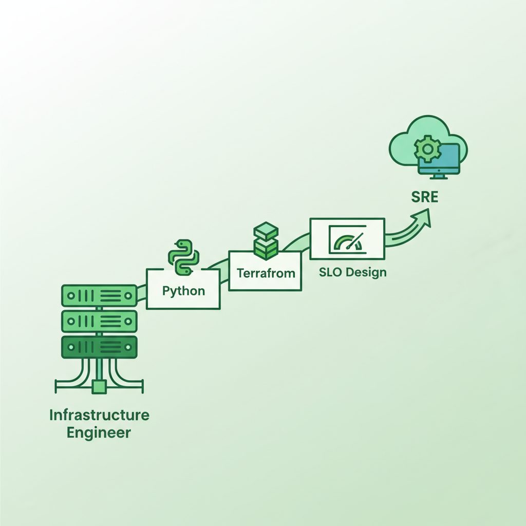 キャリアチェンジのロードマップ図。左に「インフラエンジニア」のアイコン、右に「SRE」のアイコン、中央に3つのステップ(Python、Terraform、SLO設計)が橋のように並ぶ。上昇矢印あり。フ