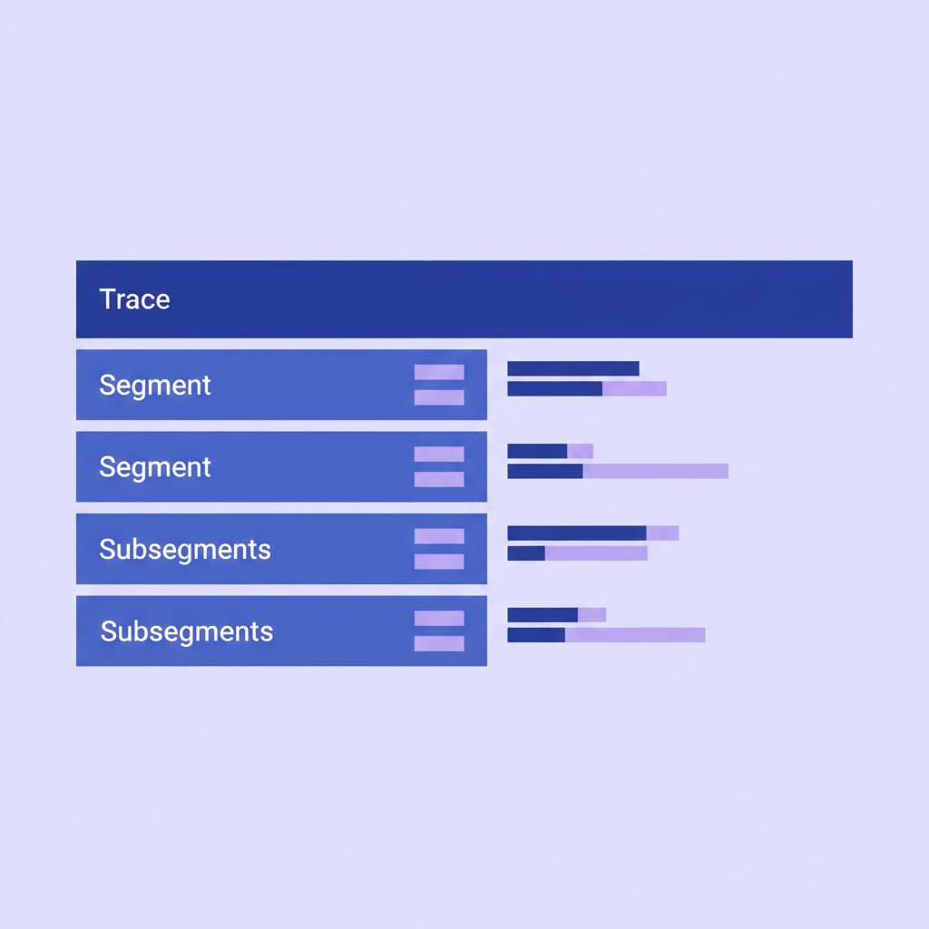 X-Ray trace hierarchy diagram showing Trace containing Segments and Subsegments as nested boxes, eac