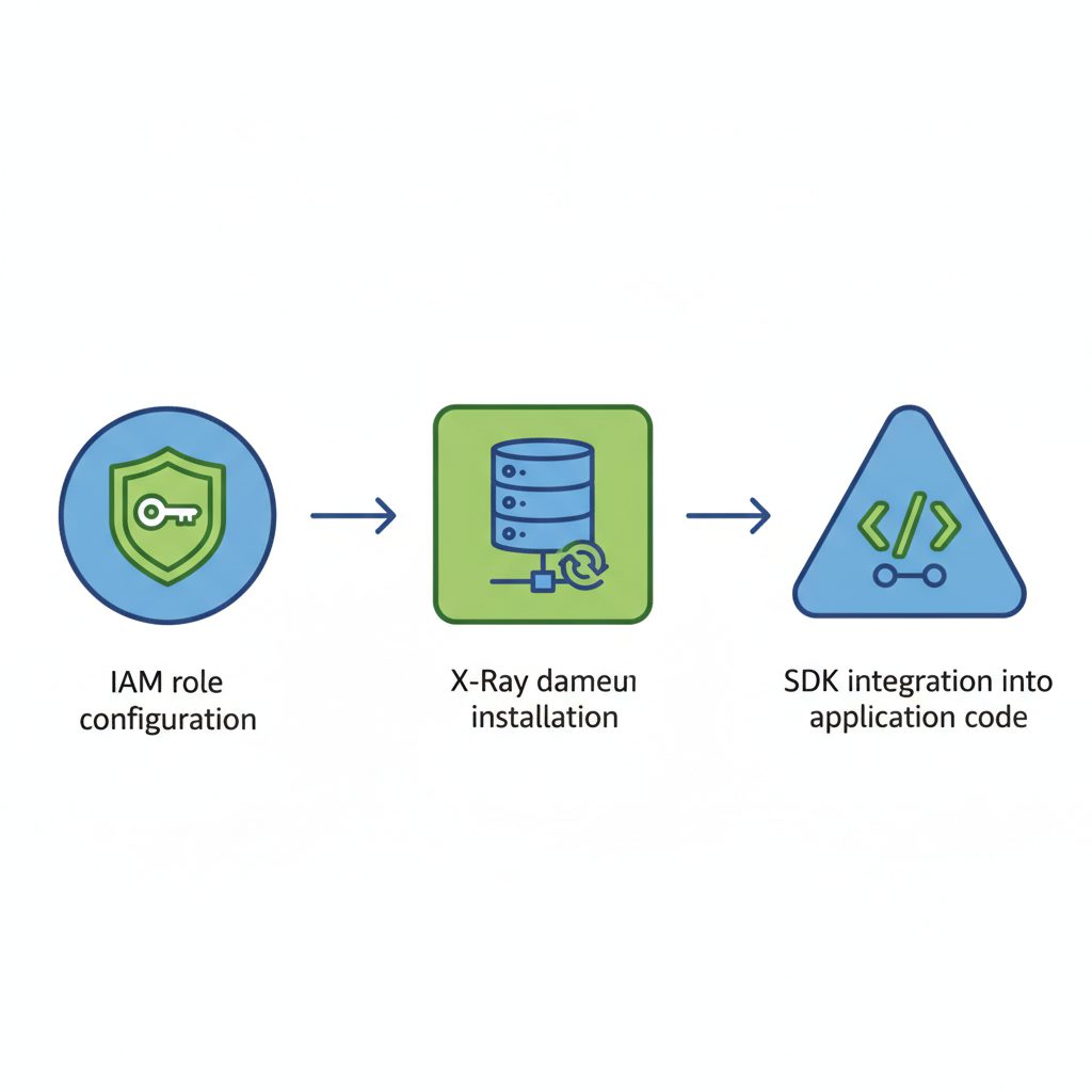 AWS X-Ray setup flow diagram, three steps: IAM role configuration, X-Ray daemon installation, SDK in