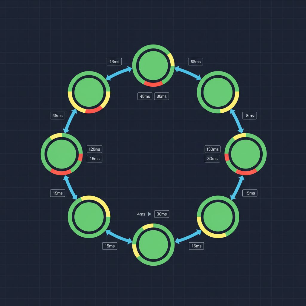 AWS X-Ray service map console screenshot style illustration, circular nodes with green/yellow/red he