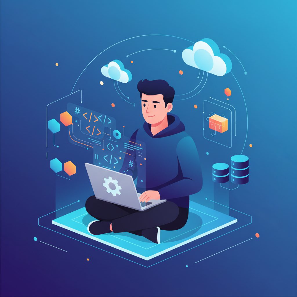 A confident backend engineer with a laptop, surrounded by code symbols and API diagrams transitionin