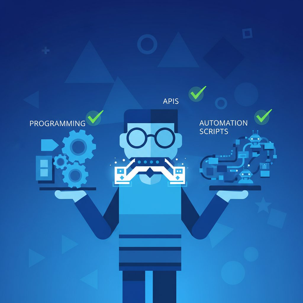 A developer holding tools representing programming, APIs, and automation scripts, with glowing check