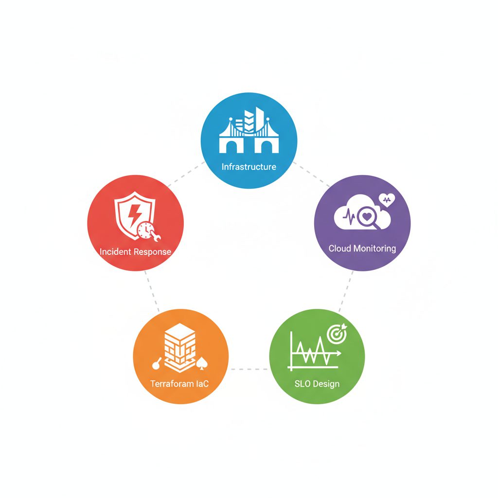 Five skill icons representing infrastructure, cloud monitoring, SLO design, Terraform IaC, and incid