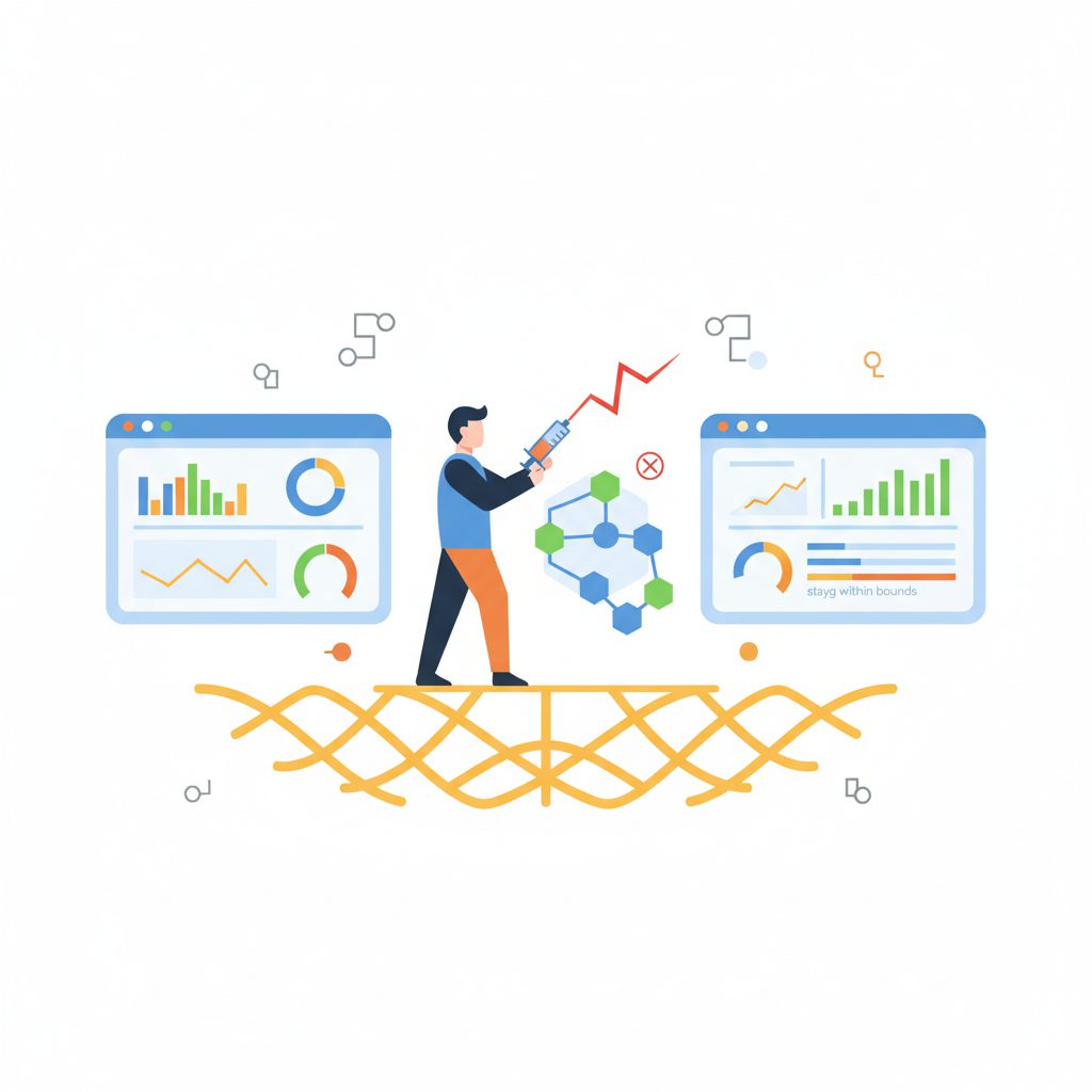 Controlled chaos experiment diagram showing engineer injecting fault into system component while mon