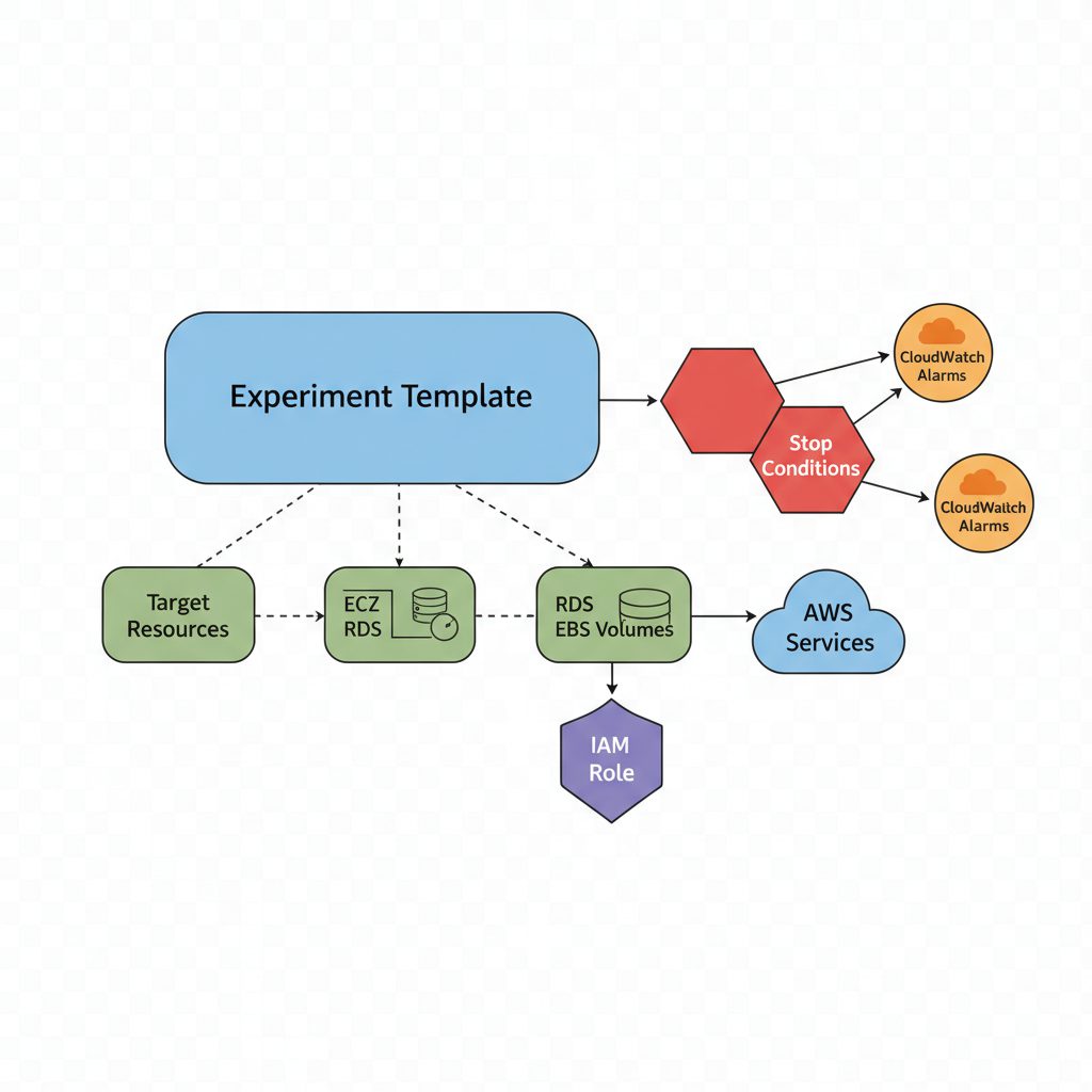 AWS FIS architecture diagram showing experiment template with target resources, stop conditions conn