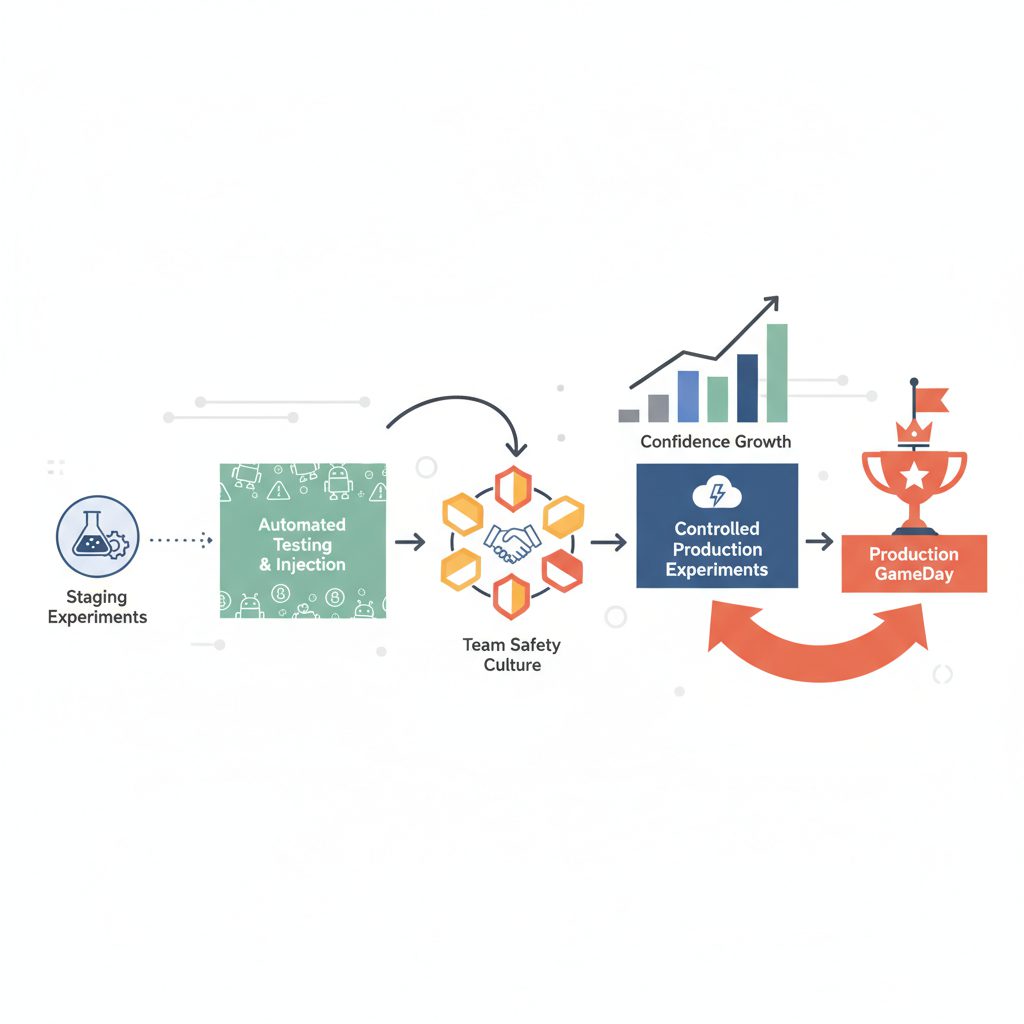 Chaos engineering maturity model showing progression from staging experiments to production GameDay,