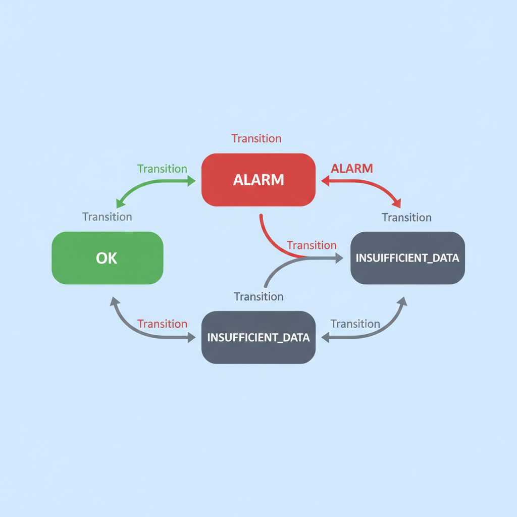 AWS CloudWatch alarm state diagram showing three states OK, ALARM, INSUFFICIENT_DATA with arrows bet