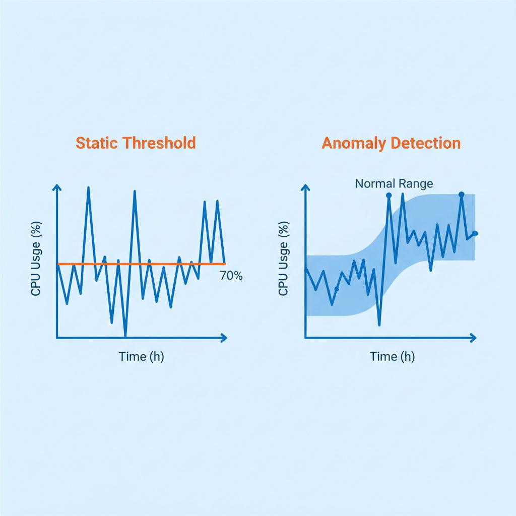 Side-by-side comparison of static threshold vs anomaly detection graph. Left: flat horizontal thresh