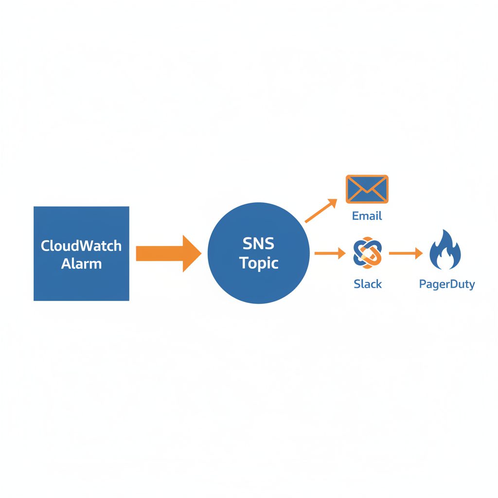 AWS notification architecture diagram showing CloudWatch alarm arrow to SNS topic, then SNS topic br