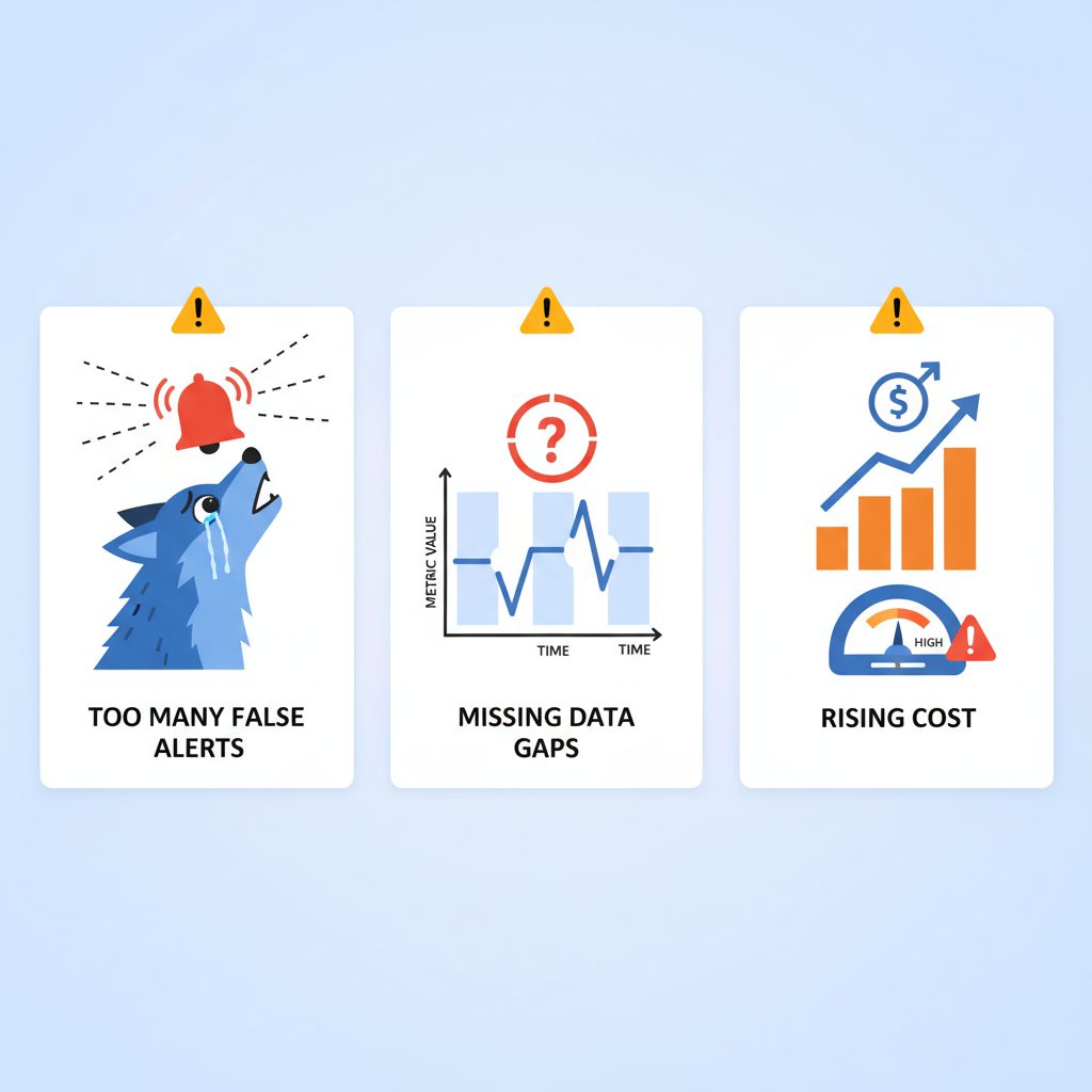 Warning signs showing common CloudWatch alarm configuration mistakes. Three panels: 1) wolf crying a