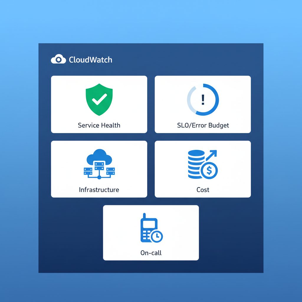 Five CloudWatch dashboard cards labeled