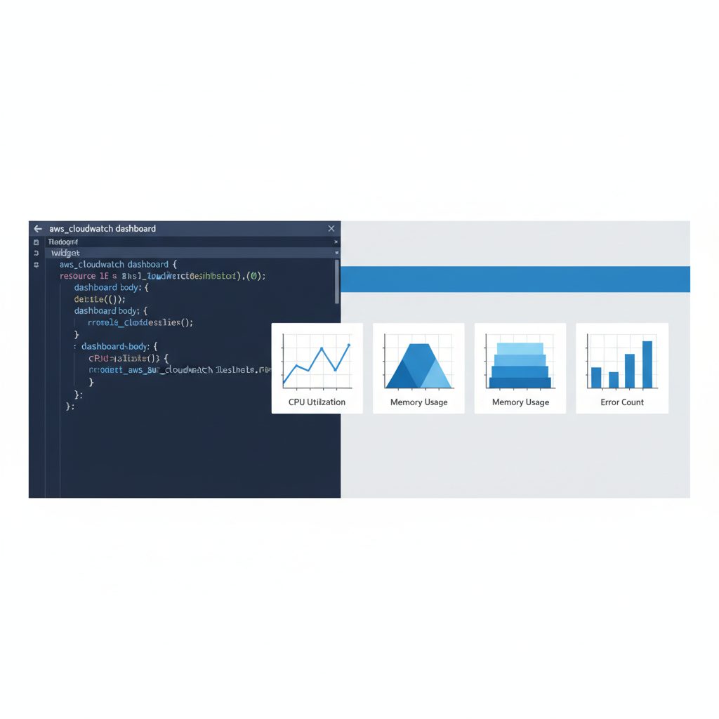 Terraform code editor on the left showing aws_cloudwatch_dashboard resource definition, and the resu