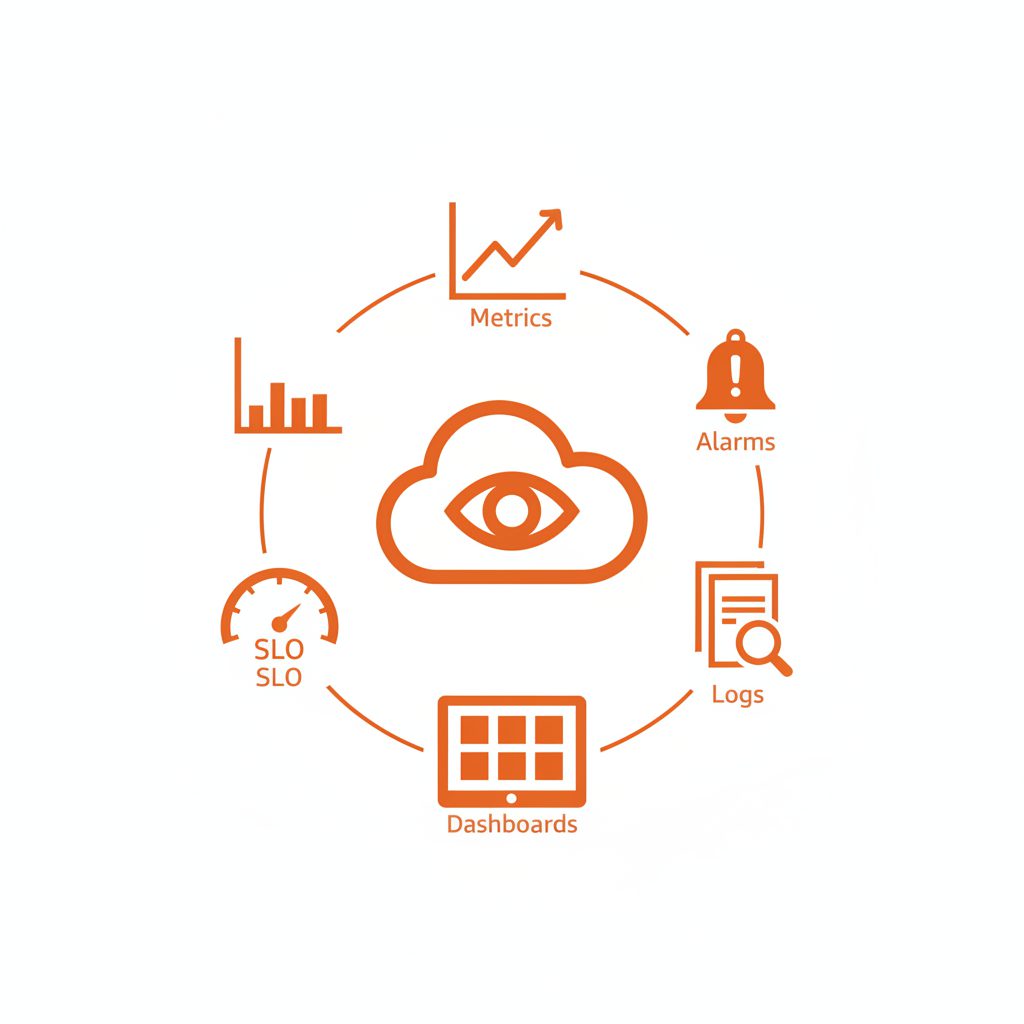 AWSのCloudWatchサービスを表す5つのアイコンが中央のロゴを囲む構成。メトリクス（折れ線グラフ）・アラーム（ベル）・Logs（ファイル）・ダッシュボード（グリッド画面）・SLO（ゲージ）をフ