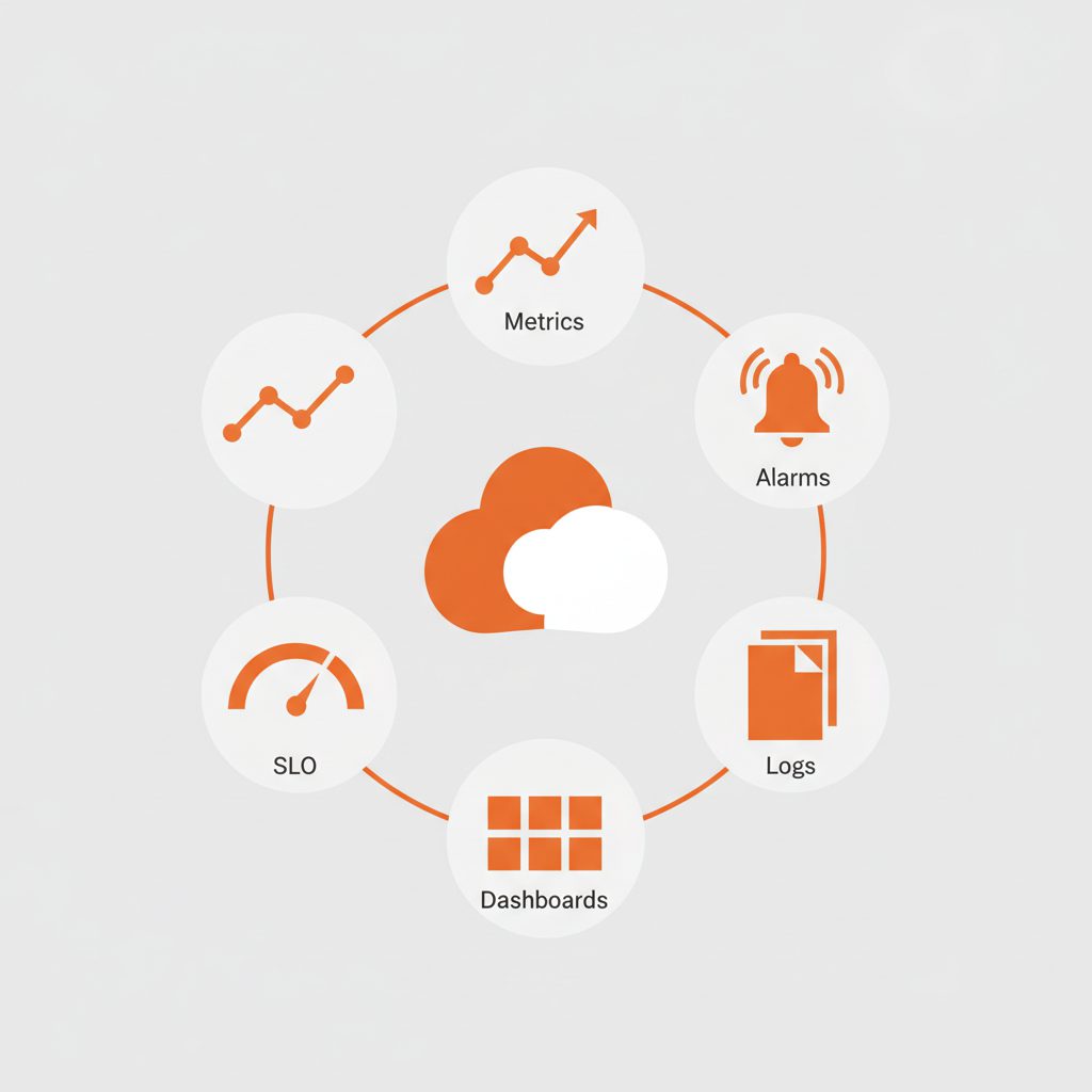 Five AWS CloudWatch service icons arranged around a central AWS cloud logo. Icons (flat style): line