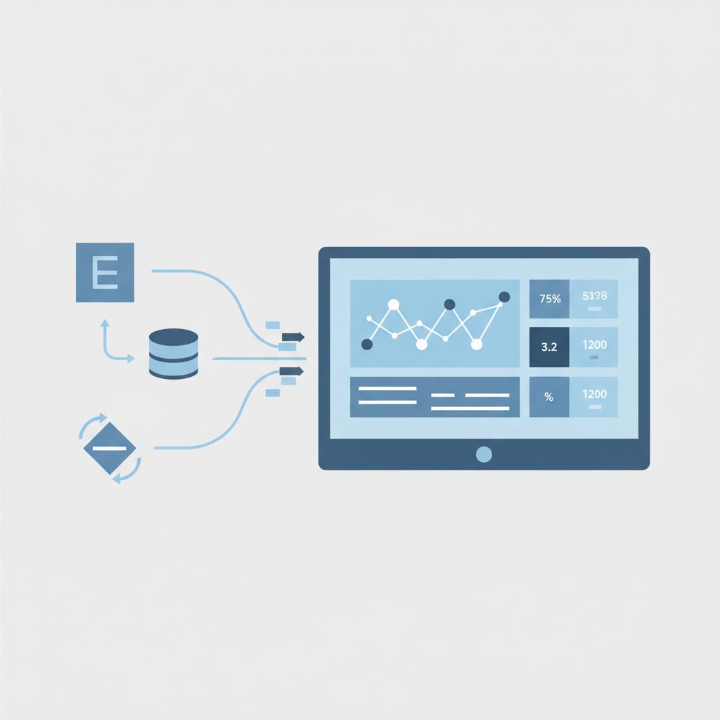 EC2サーバー・データベース・ロードバランサーのアイコンから、中央のモニタリング画面へ矢印でメトリクスデータが流れる構成。折れ線グラフや数値パネルが画面に表示されている。ブルーとグレーを基調としたフラ