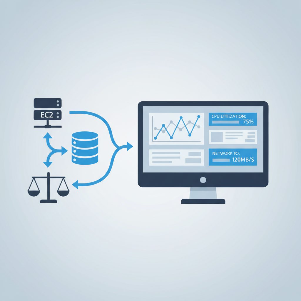 EC2サーバー・データベース・ロードバランサーのアイコンから、中央のモニタリング画面へ矢印でメトリクスデータが流れる構成。折れ線グラフや数値パネルが画面に表示されている。ブルーとグレーを基調としたフラ