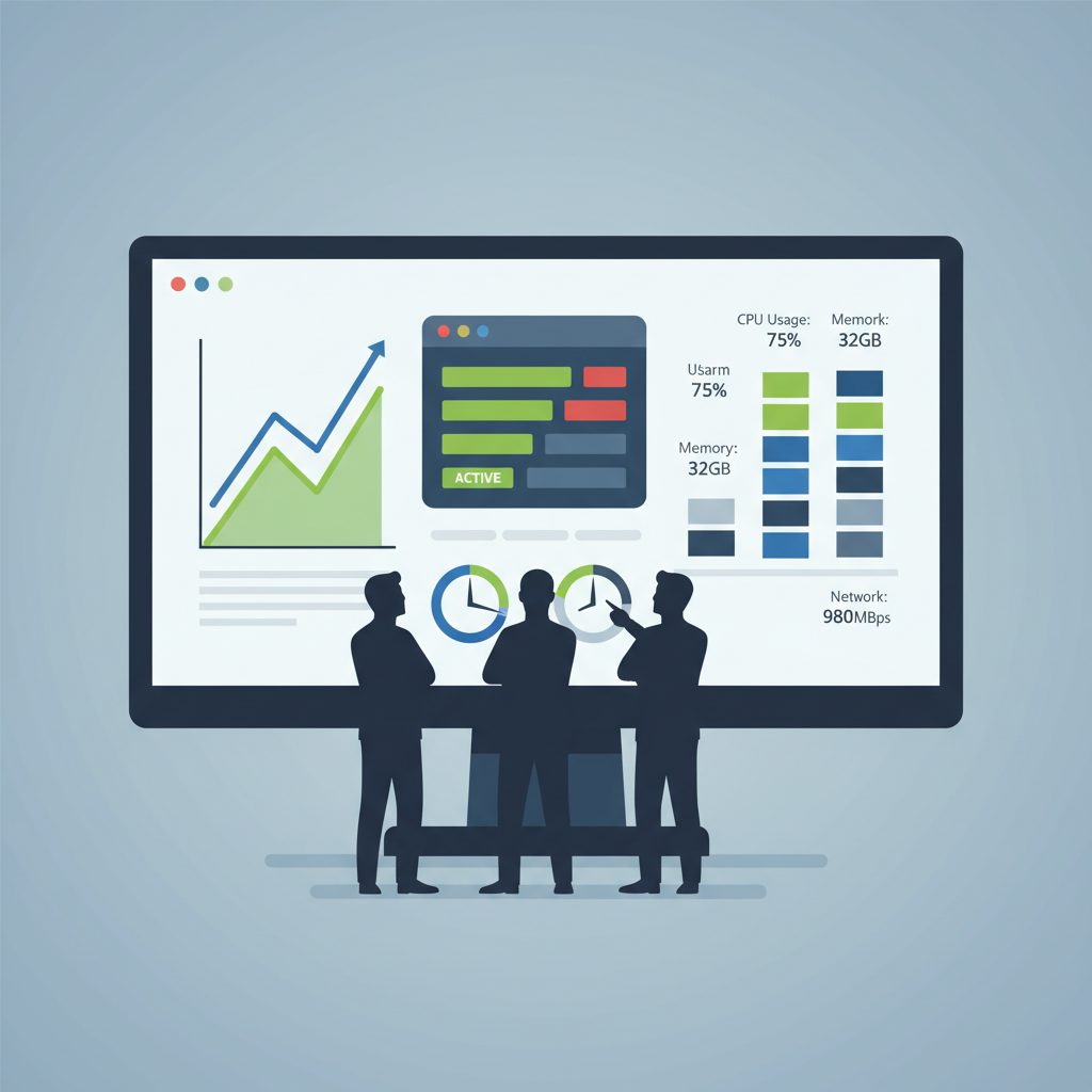 大きなモニター画面にグラフ・アラームステータス・メトリクス数値が並ぶダッシュボードUIのフラットイラスト。画面の前に2〜3人のエンジニアのシルエットが立って確認しているシーン。グリーン・ブルー・グレー