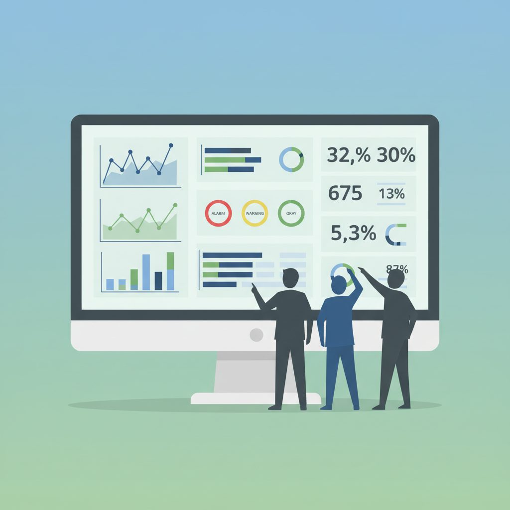 大きなモニター画面にグラフ・アラームステータス・メトリクス数値が並ぶダッシュボードUIのフラットイラスト。画面の前に2〜3人のエンジニアのシルエットが立って確認しているシーン。グリーン・ブルー・グレー