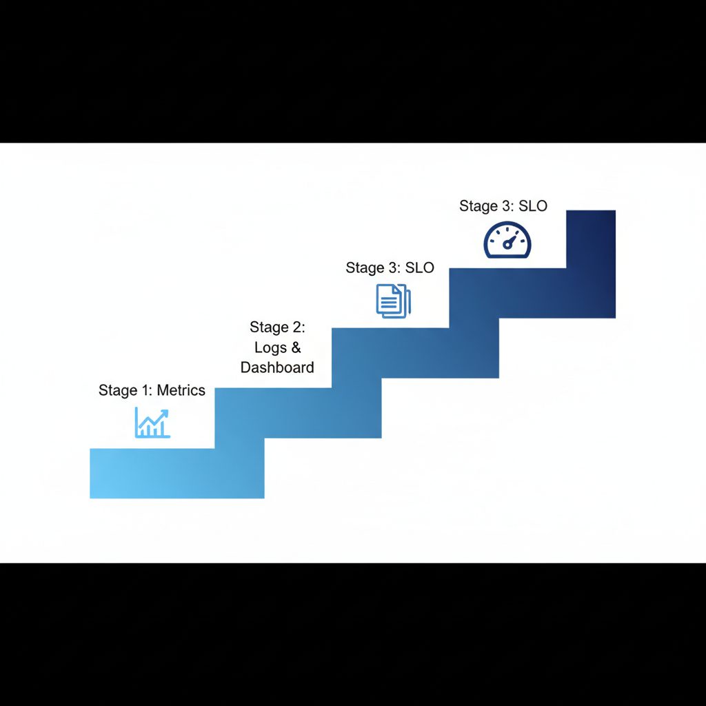 3-step staircase roadmap flowing left to right. Labels in English: 