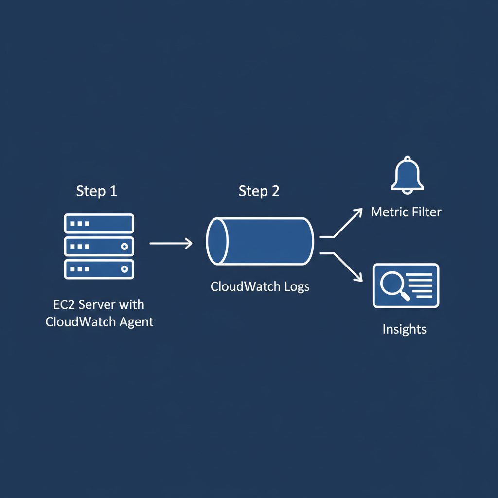 Three-step setup flow diagram showing EC2 server with CloudWatch agent label, arrow pointing to Clou