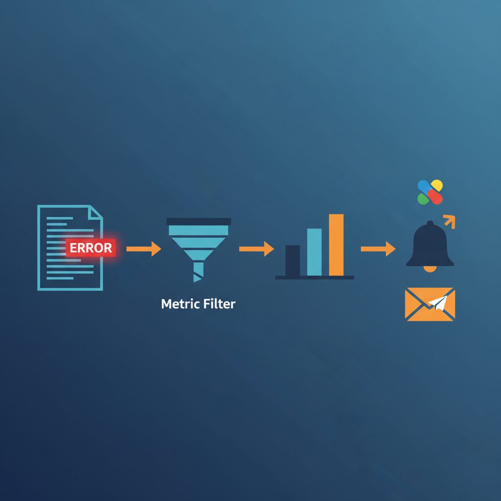 Log file icon with ERROR keyword highlighted in red, arrow to filter funnel icon labeled 