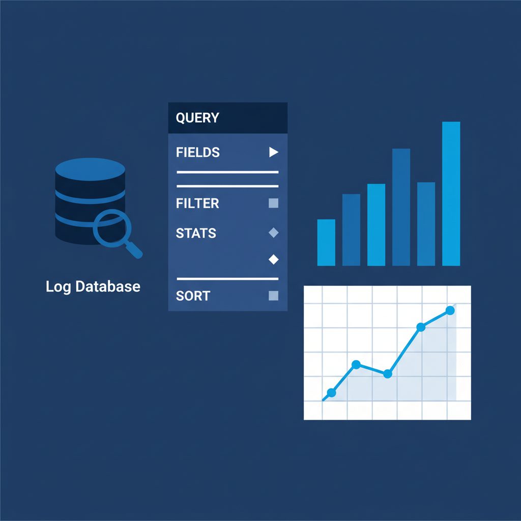 CloudWatch Logs Insights concept: log database cylinder on the left, query code block in the center 