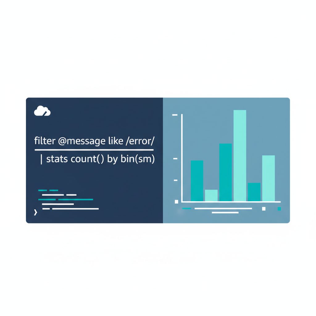 AWS CloudWatch Logs Insights screen with a code query panel on the left showing filter and stats com