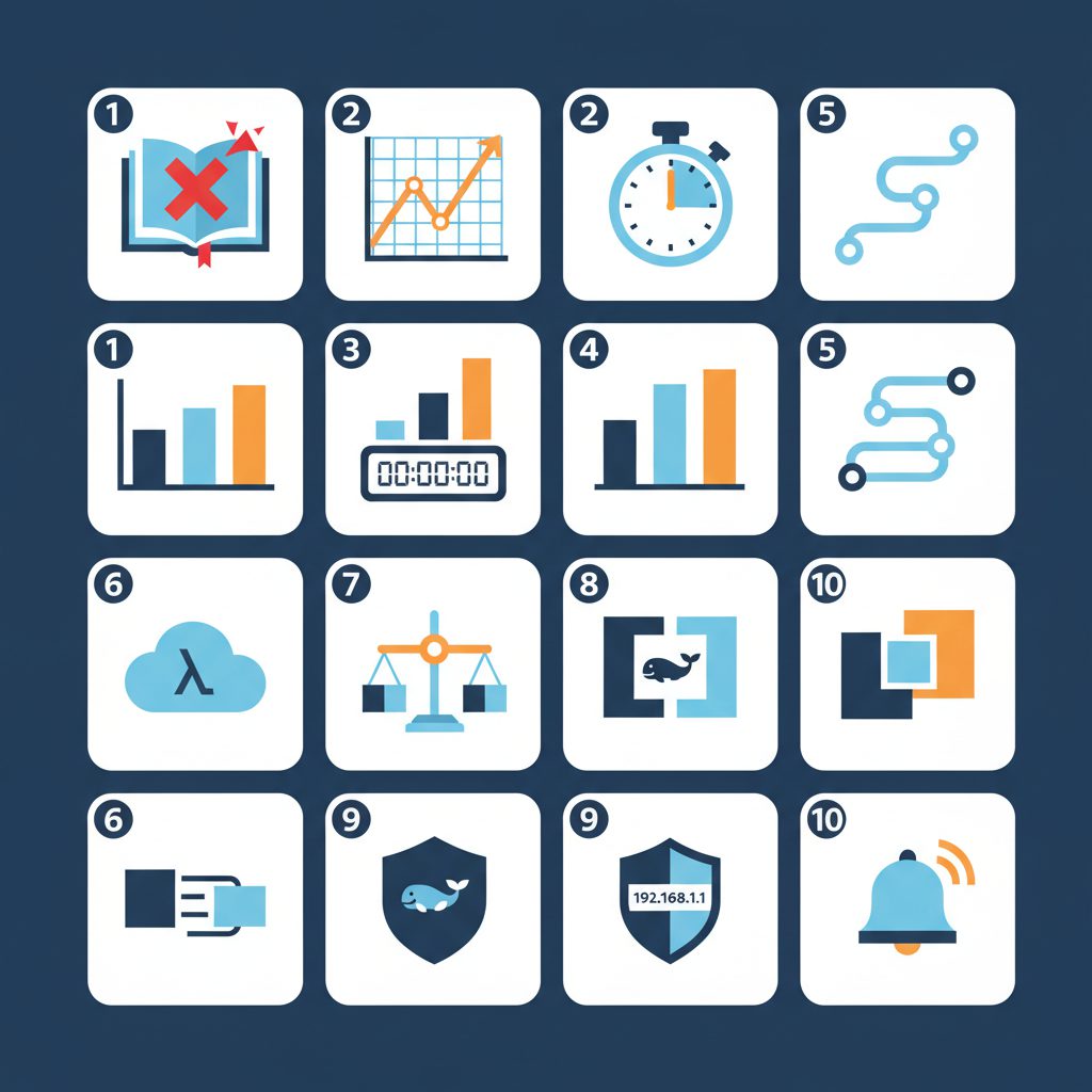 Grid of 10 numbered tile icons showing different AWS monitoring scenarios: error log, time series ch