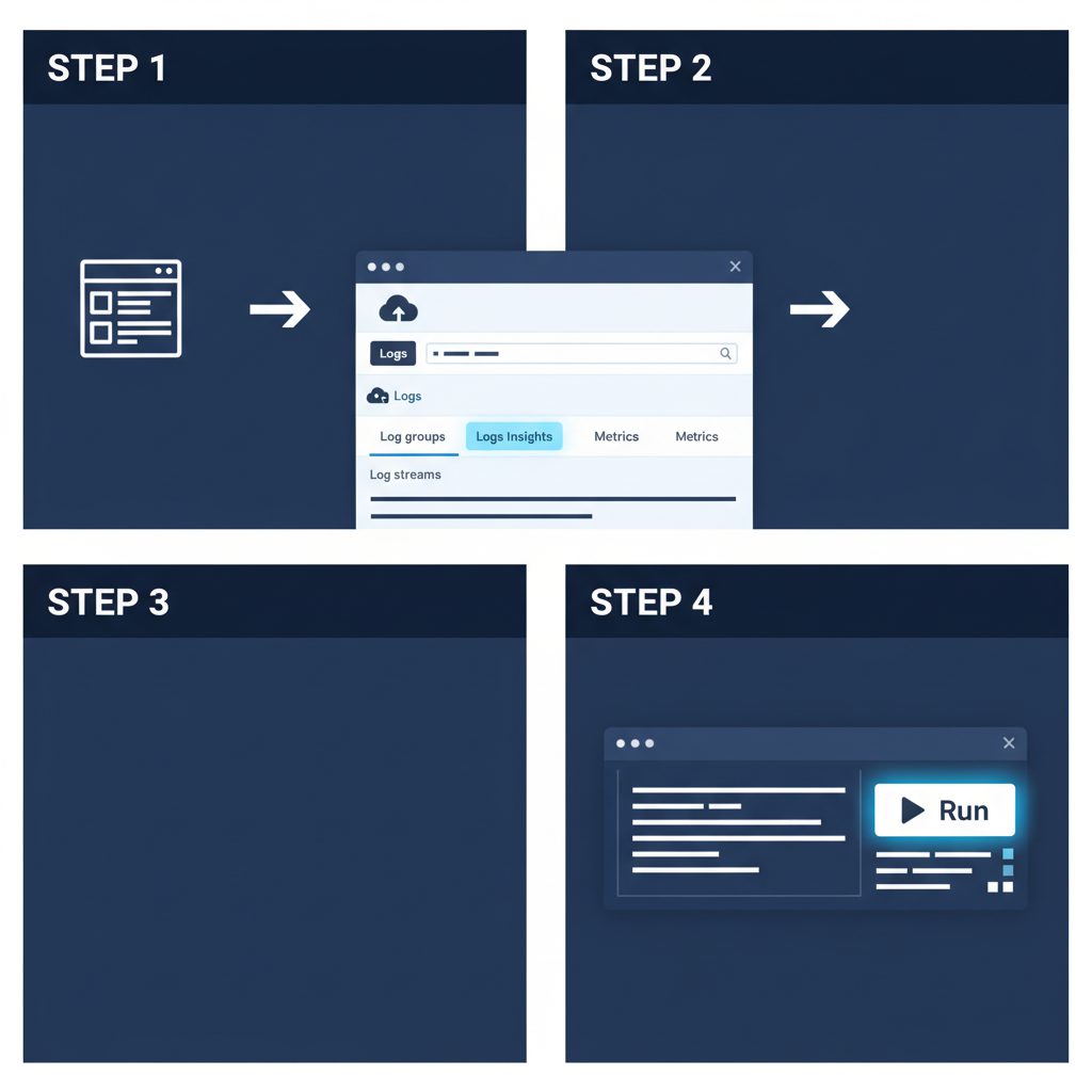 Step-by-step flow showing AWS Management Console icon, then arrow to CloudWatch service page, then t