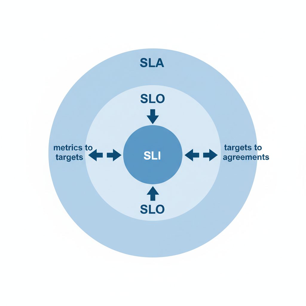 Diagram showing SLI, SLO, and SLA as nested circles with arrows pointing from metrics to targets to