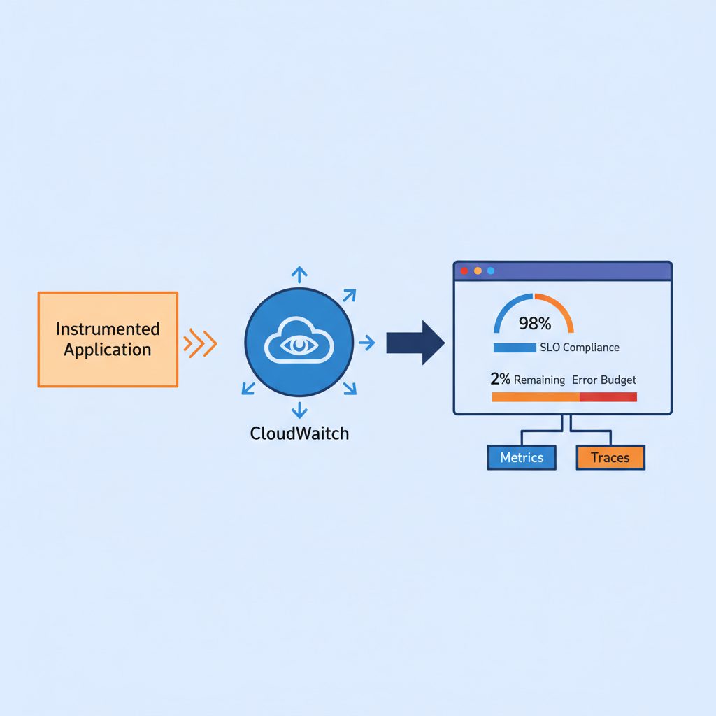 AWS CloudWatch Application Signals architecture diagram showing instrumented application sending tra