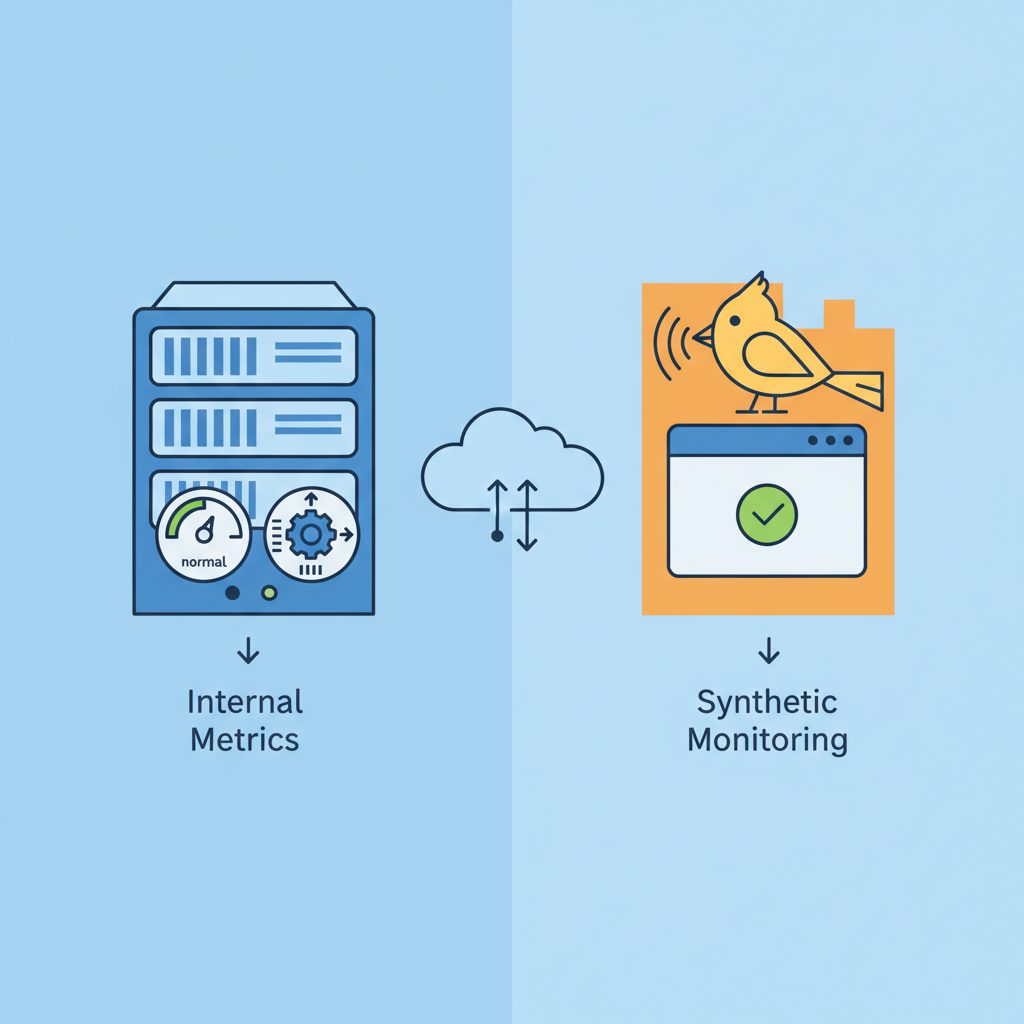Two-panel flat design illustration comparing internal monitoring vs external monitoring. Left panel: