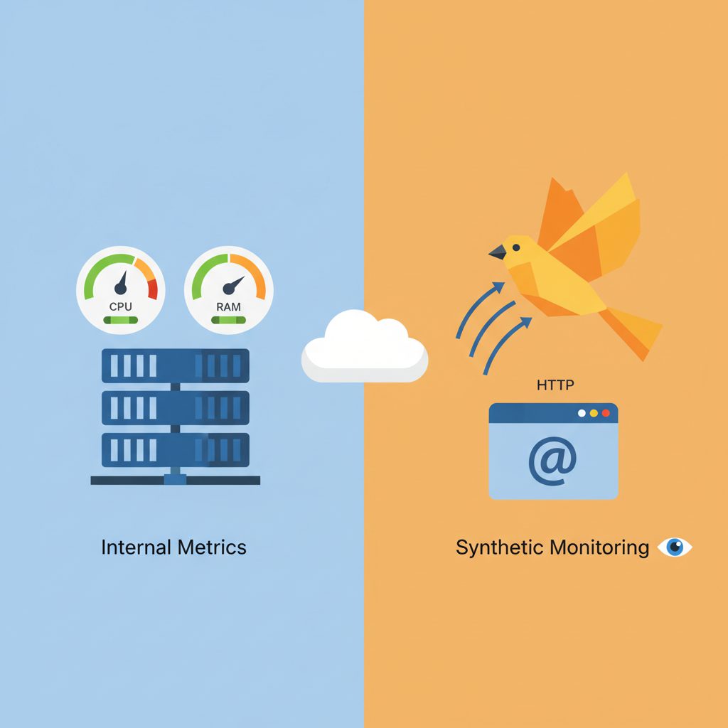 Two-panel flat design illustration comparing internal monitoring vs external monitoring. Left panel: