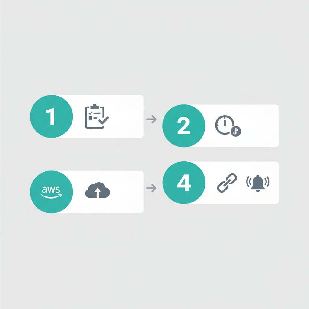 Step-by-step flow diagram for creating a Canary in AWS Console. Four horizontal steps with numbered 