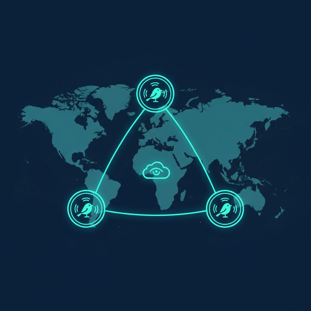 World map with three monitoring nodes highlighted: Tokyo (Japan), Virginia (USA), Frankfurt (Europe)